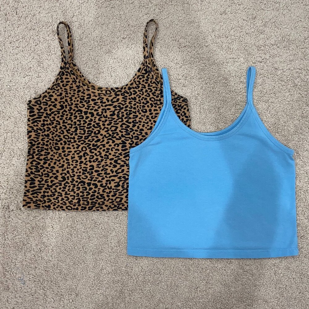 Bundle of Two ARQ Crop Tanks, Size XL, Cornflower Blue and Leopard Print